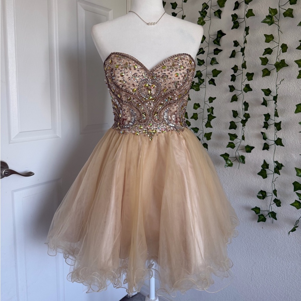 Strapless Beaded Tulle Dress - Gold
